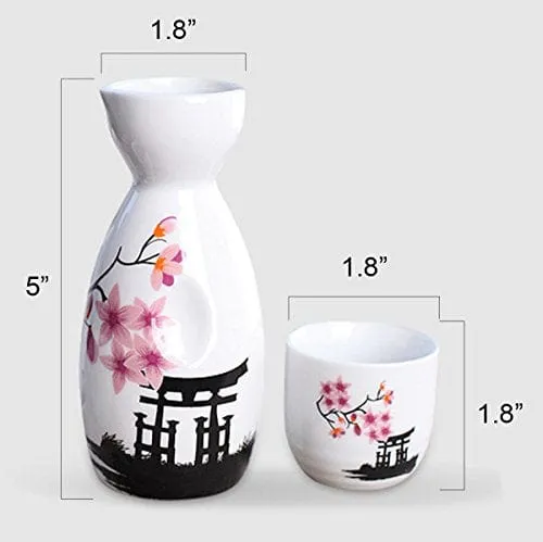 Tosnail 5 Pieces Ceramic Japanese Sake Set, 1 Serving Carafe and 4 Cups - Pink Sakura