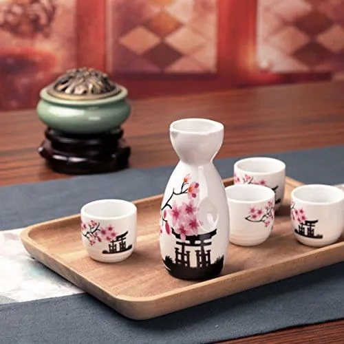 Tosnail 5 Pieces Ceramic Japanese Sake Set, 1 Serving Carafe and 4 Cups - Pink Sakura