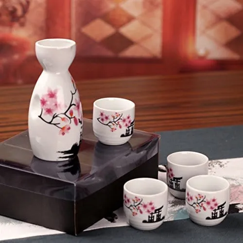 Tosnail 5 Pieces Ceramic Japanese Sake Set, 1 Serving Carafe and 4 Cups - Pink Sakura