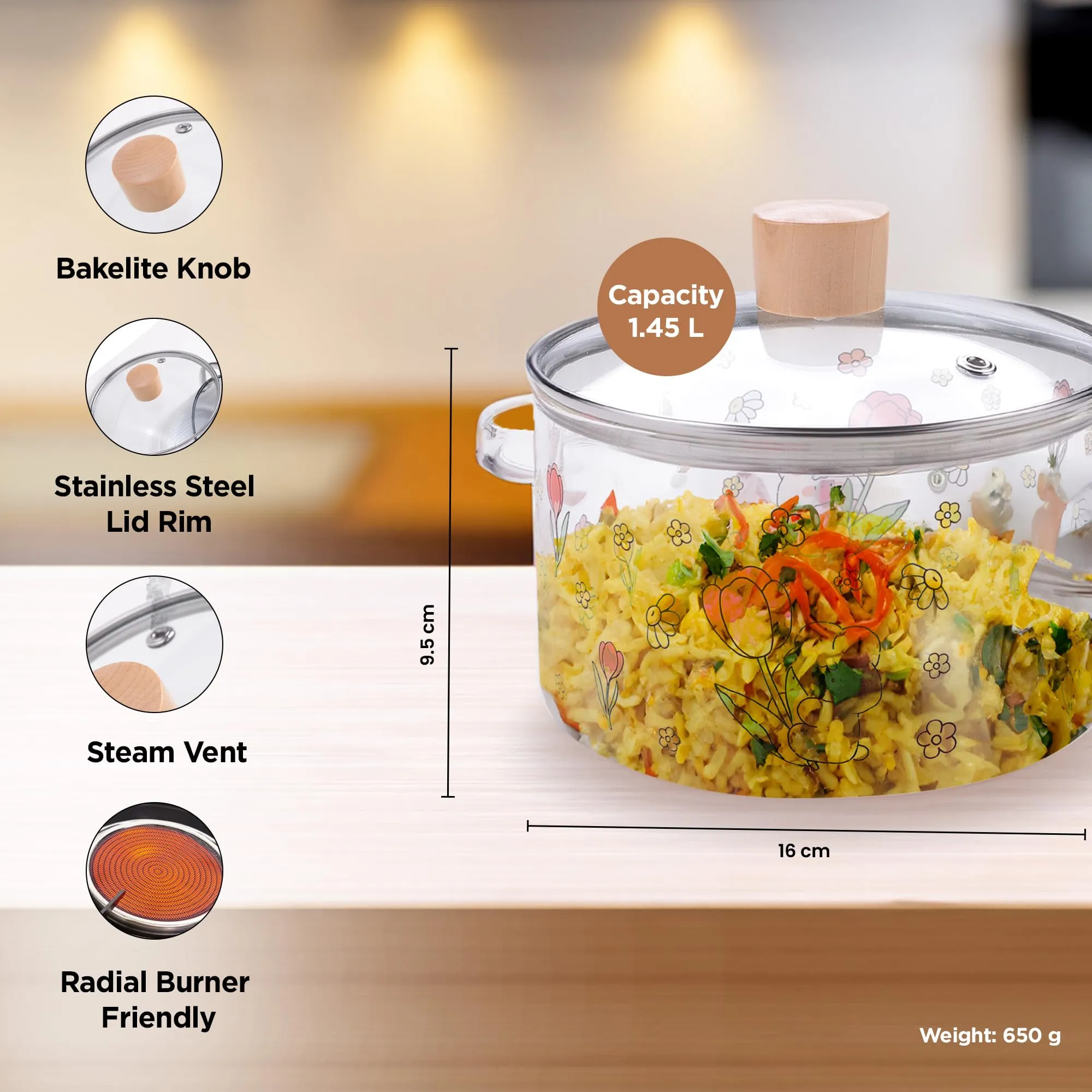 UMAI Borosilicate Glass Cookware for Gas Stove (1.45L) Saucepan with Lid & Handle | Electric Pottery Safe | Handi for Cooking | Microwave Safe | Cooktop for Tea/Milk/Pasta/Noodles/Rice (Flower Print)