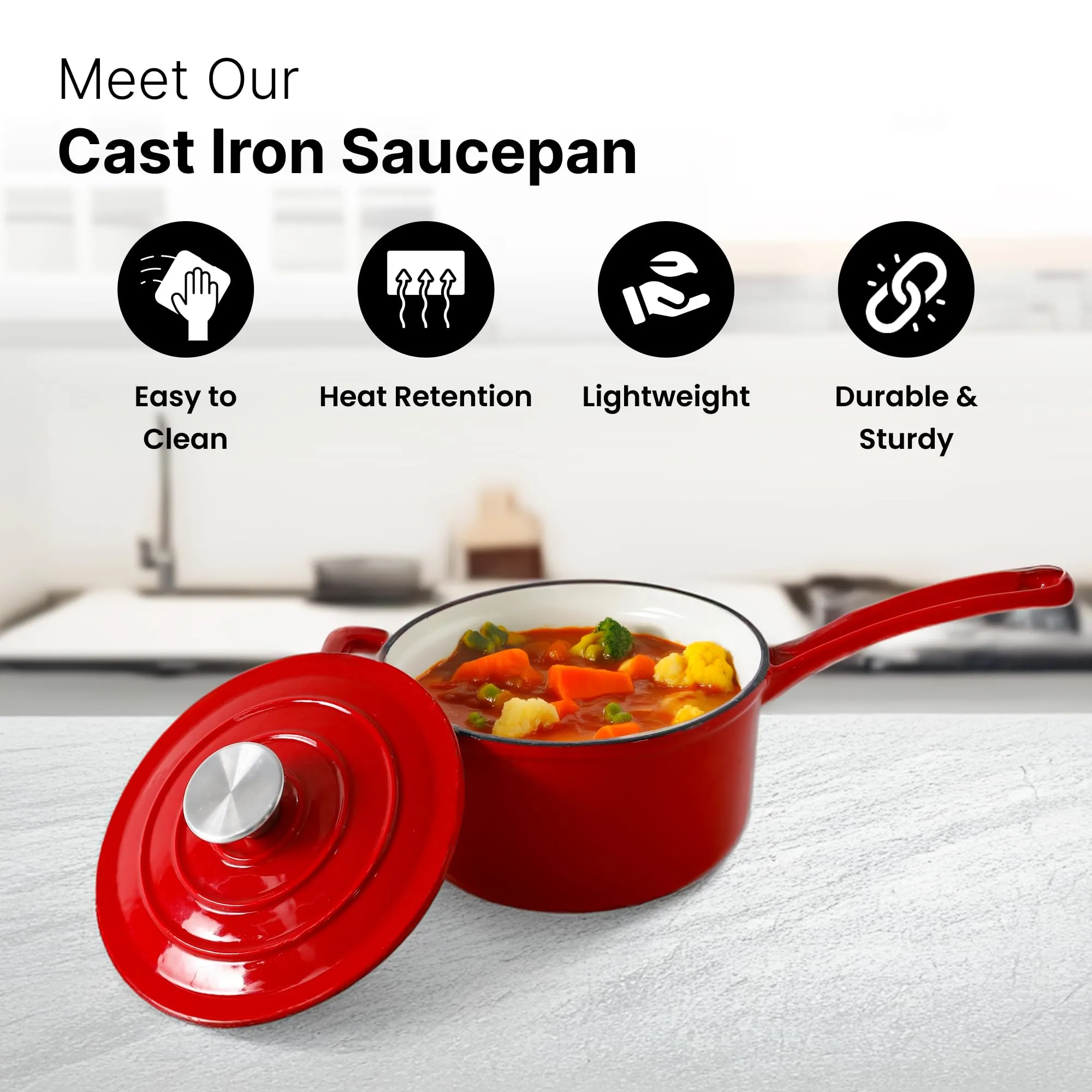 UMAI Cast Iron Saucepan with Lid & Long Handle (2L) | Heavy Bottom Saucepot | Saucepan for Tea/Soup | Enameled Cast Iron Cookware | Gas/Oven/Electric Stove/Induction Cookware | Sauce Pan | Curry Pot