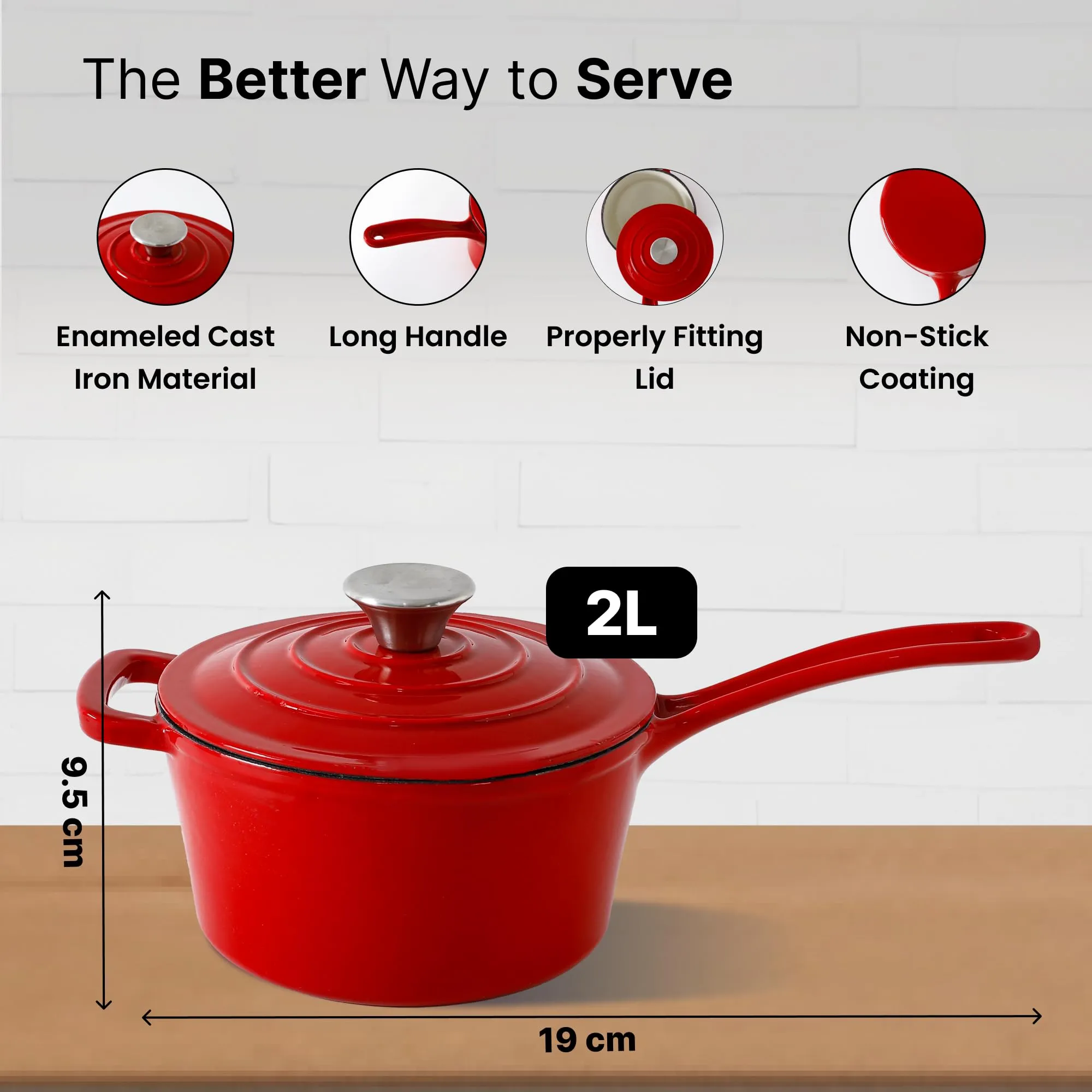 UMAI Cast Iron Saucepan with Lid & Long Handle (2L) | Heavy Bottom Saucepot | Saucepan for Tea/Soup | Enameled Cast Iron Cookware | Gas/Oven/Electric Stove/Induction Cookware | Sauce Pan | Curry Pot