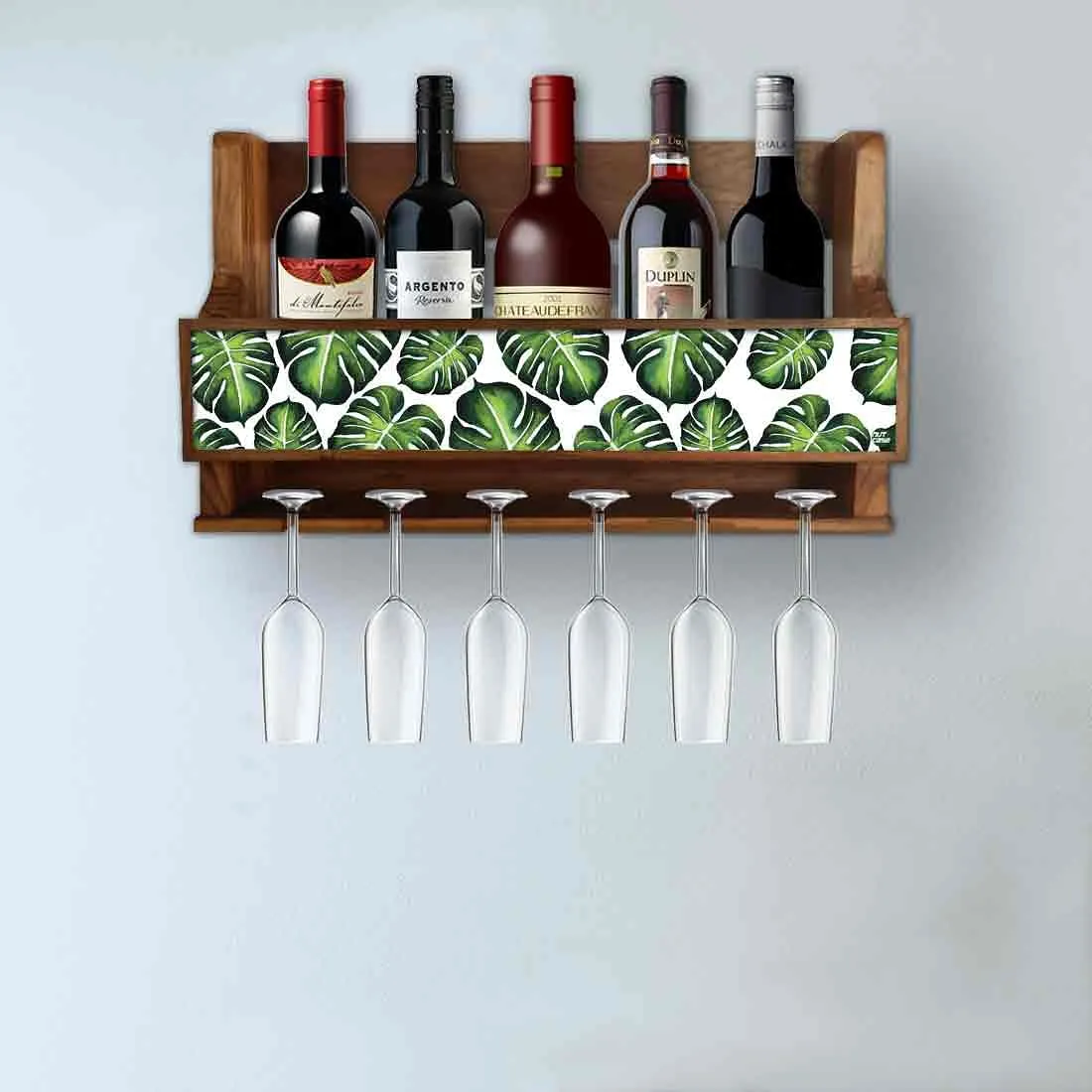 Wall Mounted Mini Bar Cabinet Wooden Wine Holder for 5 Bottles and 6 Glasses - Monstera Jungle