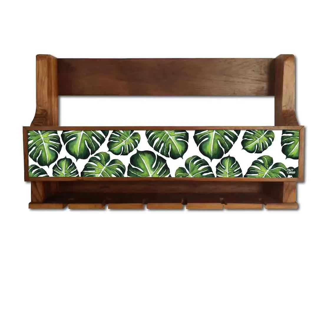 Wall Mounted Mini Bar Cabinet Wooden Wine Holder for 5 Bottles and 6 Glasses - Monstera Jungle