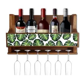 Wall Mounted Mini Bar Cabinet Wooden Wine Holder for 5 Bottles and 6 Glasses - Monstera Jungle