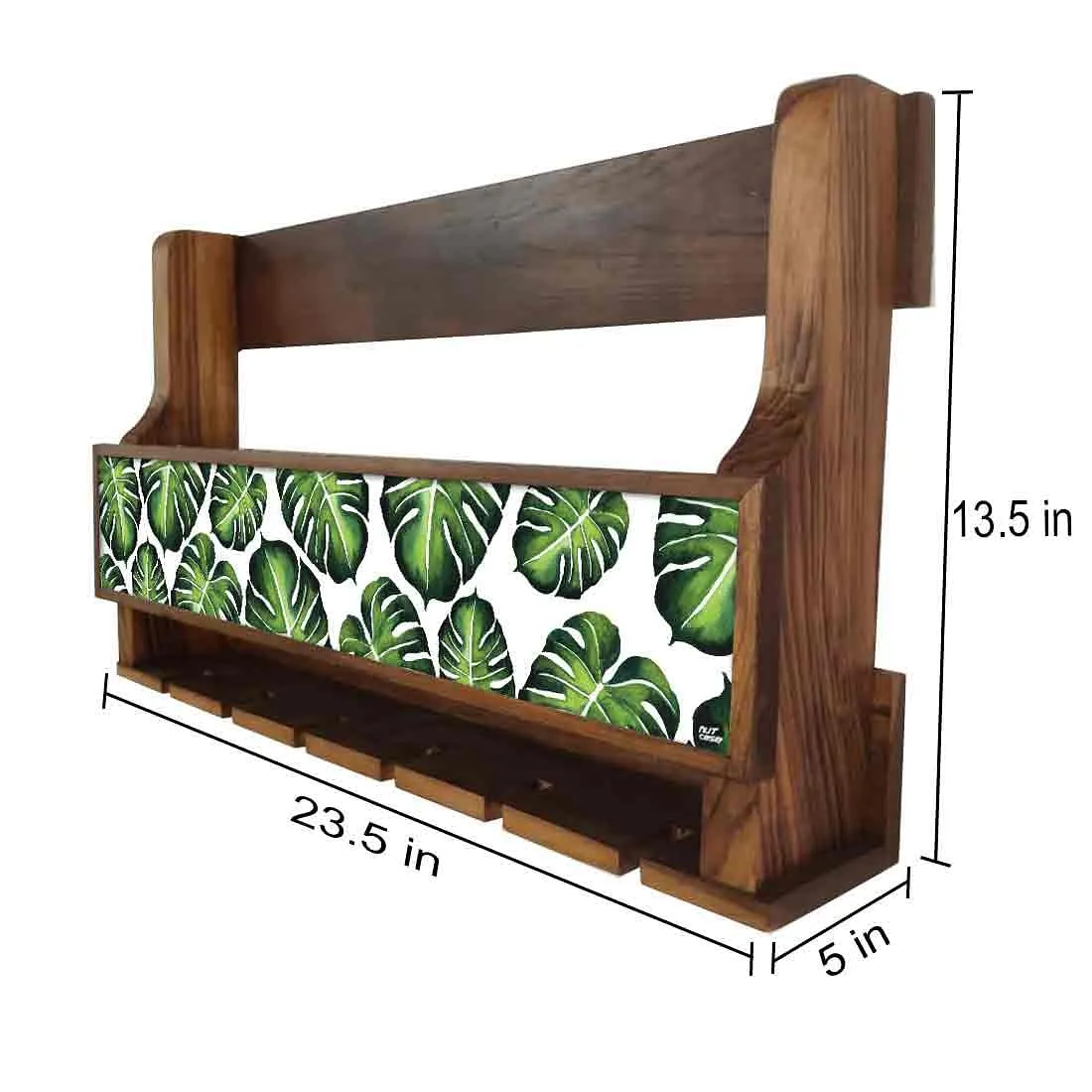 Wall Mounted Mini Bar Cabinet Wooden Wine Holder for 5 Bottles and 6 Glasses - Monstera Jungle