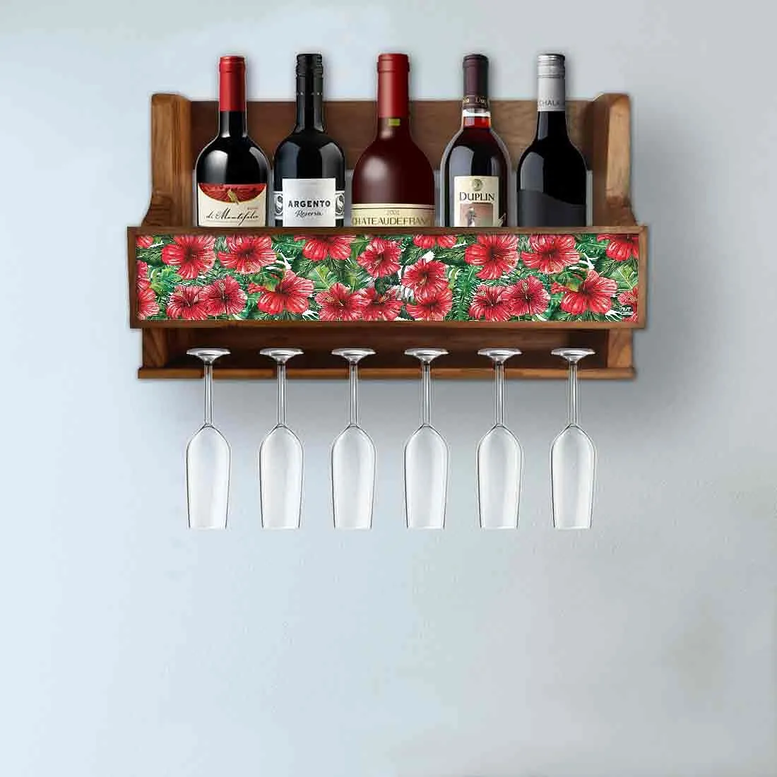 Wood Wine Rack Wall Glass Holder for Living Room - Stores 5 Bottles 6 Glasses -  Hibiscus Flower