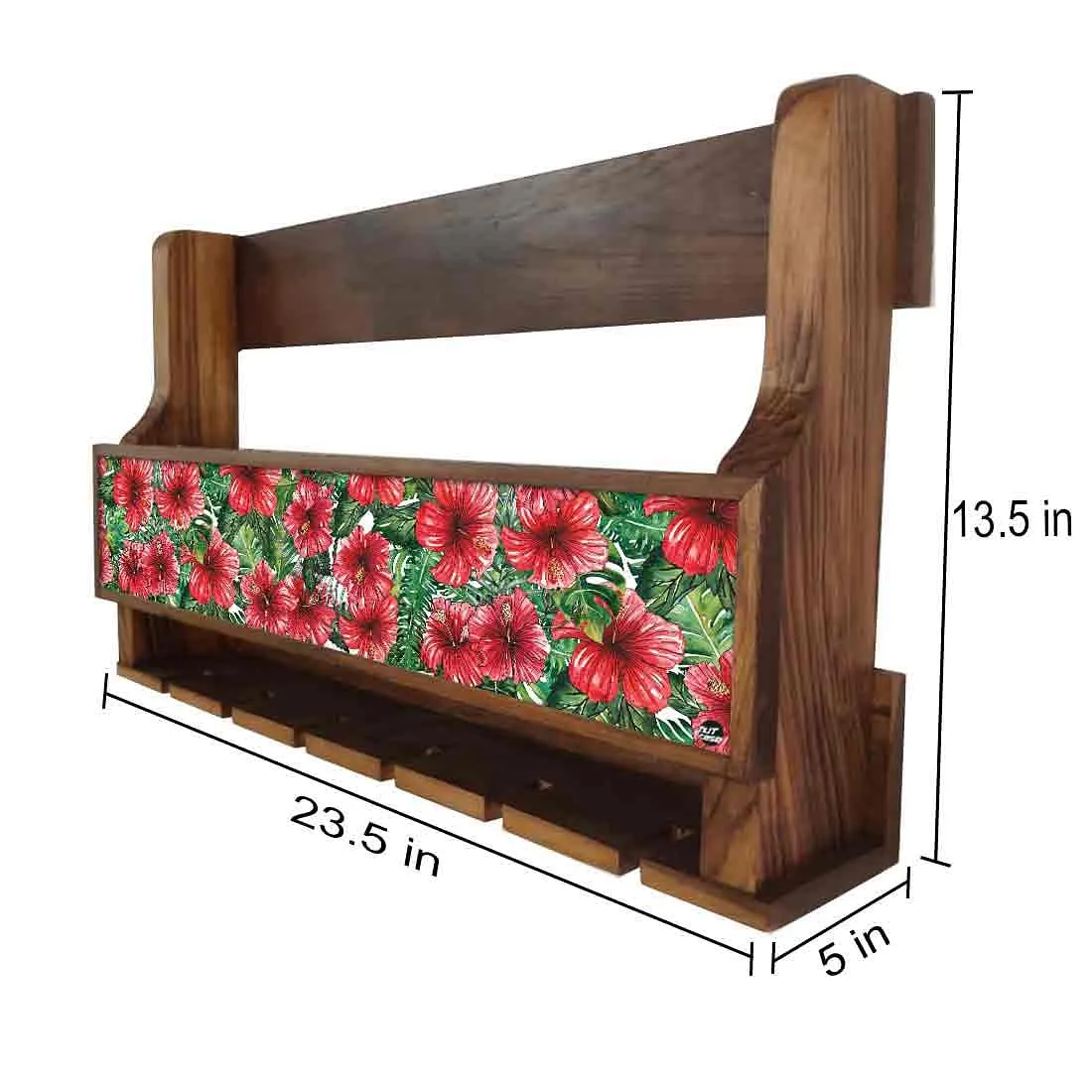 Wood Wine Rack Wall Glass Holder for Living Room - Stores 5 Bottles 6 Glasses -  Hibiscus Flower