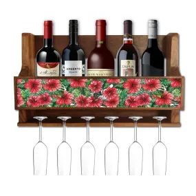 Wood Wine Rack Wall Glass Holder for Living Room - Stores 5 Bottles 6 Glasses -  Hibiscus Flower